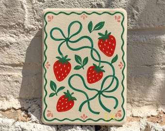 Strawberry Bow Kindle Paperwhite Case, Cream Retro Fruit Cover, Personalized Initials, Auto Wake Sleep