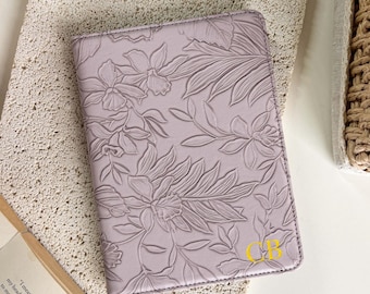 Personalized Embossed Floral Kindle Case, Lilac Leather Folio with Gold Initials