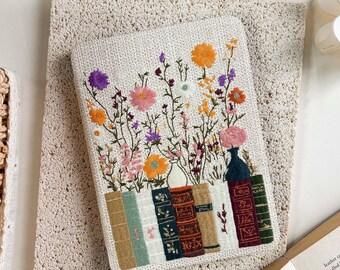 Embroidered Floral Kindle Case, Wildflower Bookshelf Design with Textured Fabric Finish
