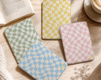 Pastel Wavy Checkerboard Kindle Case, Magnetic Back Cover for Kindle Paperwhite 11th 12th Gen, Personalized Reader Gift