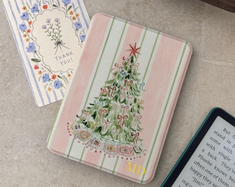 Personalized Christmas Tree Kindle Case, Pink Striped Holiday E-Reader Cover, Festive Book Lover Gift