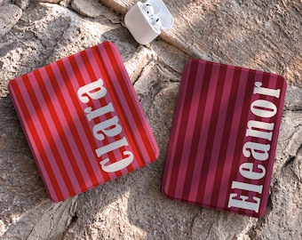 Personalized Striped Kindle Case, Custom Name Kindle Cover, Retro Pink Red Ereader Case, Colorful Book Lover Gift for Her