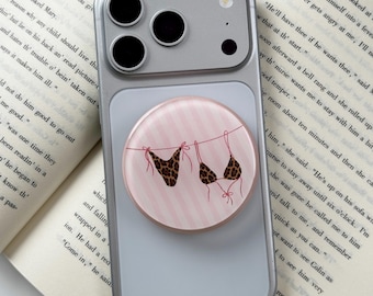 Leopard Bikini iPhone Grip, Pink Striped Coquette Phone Holder, Cute Round Phone Stand, Book Lover Gift for Her