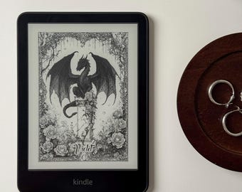 Personalized Gothic Dragon Kindle Lock Screen, Dark Fantasy Rose Ereader Wallpaper, Retro Bookish Screensaver