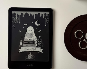 Personalized Spooky Reading Kindle Lock Screen, Ghost Cat Halloween E-Reader Wallpaper