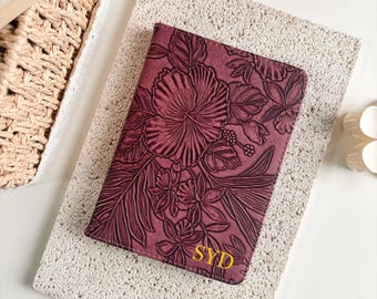 Personalized Burgundy Embossed Floral Kindle Case, Vegan Leather Folio with Gold Initials