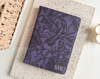 Personalized Lavender Embossed Floral Kindle Case, Vegan Leather Cover with Silver Initials