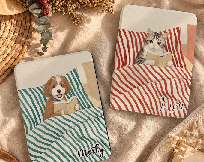 Featured listing image: Personalized Pet Portrait Kindle Cover, Dog & Cat Bedtime Reading Case, Reader Gift