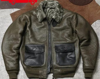 Olivgrön RAF B3 Bomberpilotjacka i fårskinn – Handgjord pilotkappa i fårskinn