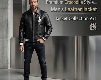 Herrskinnjacka Svart krokodilpräglad lyxig polojacka för motorcykelbomber för män