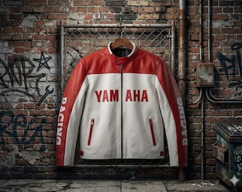 Giacca da motociclista in pelle Yamaha Racing da uomo, rossa e bianca, con protezioni CE.