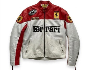 Vintage Ferrari Racing skinnjacka, 90-tals F1-moto-bikerjacka, motorsport streetwear
