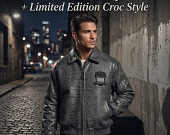 Herr grå krokodilskinnjacka i äkta sliten begränsad upplaga bomberjacka i Avirex-stil