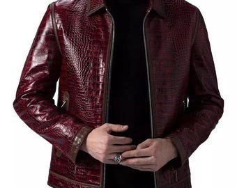 Rödbrun krokodilskinnjacka herr | Äkta kohud motocrossjacka | Vintage motorcykeljacka