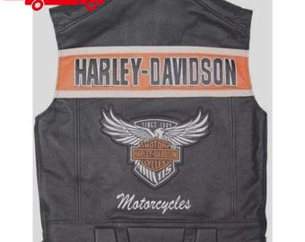 Harley-inspirerad läderbikerväst för män | Sliten motorcykelväst | Äkta motojacka