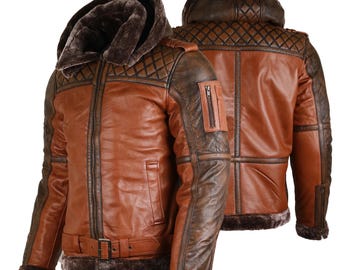 Herr Bomberjacka i fårskinnsläder med avtagbar huva och vaxad pälskappa