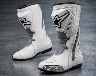 Handgjorda vita lädermotocrossstövlar, MX-motorcykelutrustning för herrar