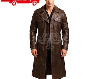 Herrtrenchcoat i brunt läder – Hellång vintagejacka i militärstil med dustermönster