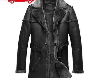 Herr fårskinnsjacka i retrostil, bomberjacka i äkta läder