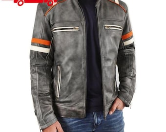 Herr motorcykelläderjacka i sliten orange och krämfärgade ränder, vintage retro