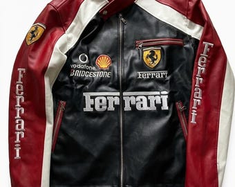 Vintage 90-tals racingläderjacka: Röd F1-stil broderad motocyklist unisex streetwear