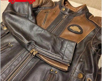 Brun svart läderbikerjacka i sliten modell | Motorcykeljacka i herrmodell | Vintage motojacka