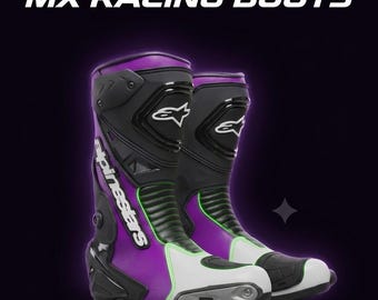 Paarse leren motorracelaarzen Alpinestars, schoenen circuitdag, sportieve motorbikerschoenen, straatuitrusting