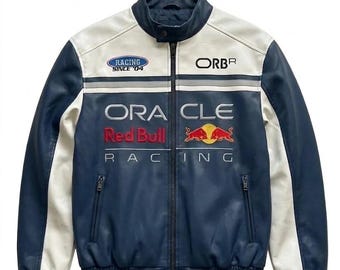 Handgjord racingjacka i kohud i F1-stil, motorsport, biker-streetwear