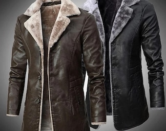 Lång herrkappa i äkta läder: Vinterjacka med fuskpälsfoder