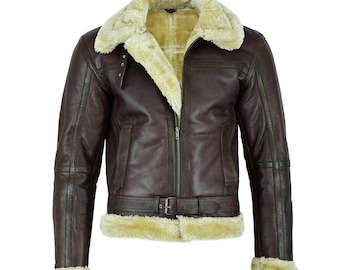 Herr B3 RAF Aviator Bomber Läderjacka Pälskrage Äkta Fårskinn Brun