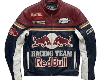 Handgjord racingjacka i kohud, Red Bull-inspirerad MotoGP-bikerjacka