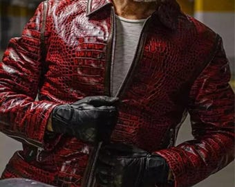 Giacca da uomo in pelle di coccodrillo color marrone / Giacca da motociclista in vera pelle di mucca / Cappotto in stile motociclista vintage