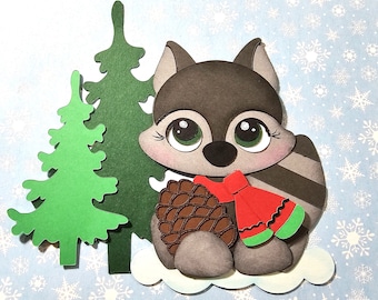 Christmas Raccoon Paper piecing, Christmas Scrapbook embellishment, Christmas die cut, Raccoon Card topper, Premade Scrapbook die cut