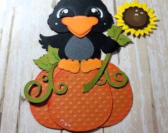 Fall Crow on pumpkin Paper piecing, Autumn Crow Scrapbook embellishment, Autumn die cut, Card topper, 3D