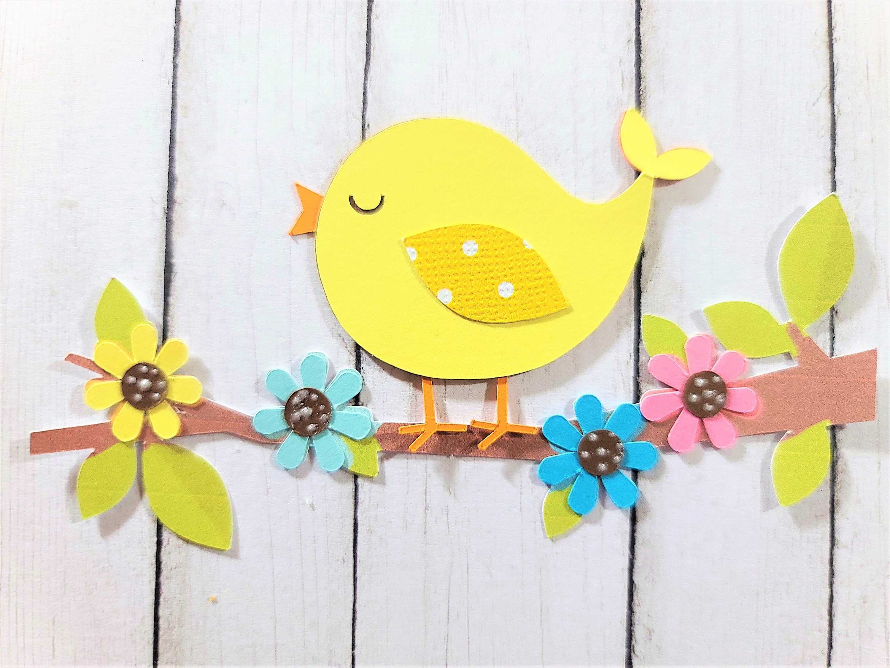 Spring bird on a flowering branch, Bird scrapbook embellishment, bird die cut, branch die cut, Card Topper