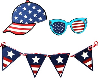 July 4th Banner , baseball cap, and sun glasses die cuts, Scrapbook Embellishments, Card topper, Card candy