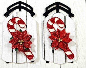 White wood look candy cane sled, Christmas sled scrapbook embellishment, Christmas sled die cut, Sled Card die cut, Card topper