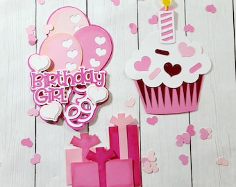 Happy Birthday Embellishments, Birthday Girl die cut, Birthday Card topper, Handmade Scrapbook Embellishment