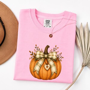 Farmhouse Pumpkin with Plaid Bow Shirt, Faux Patchwork Fall Tee, Comfort Colors Thanksgiving Gift Shirt
