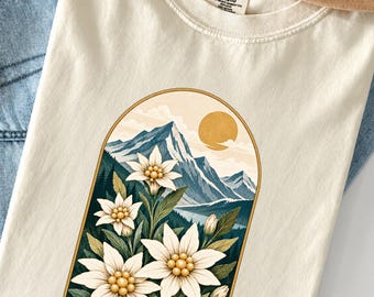 Camiseta con flor de edelweiss, camiseta vintage de flores silvestres alpinas, camiseta con estampado de naturaleza de montaña, arte floral cottagecore.