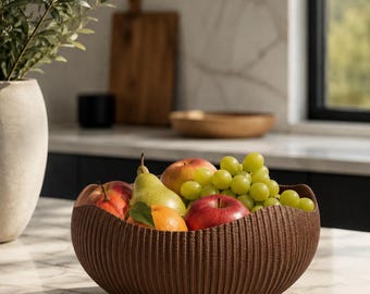 Large Modern Fruit Bowl, 3D Printed Wavy Ribbed Kitchen Countertop Centerpiece