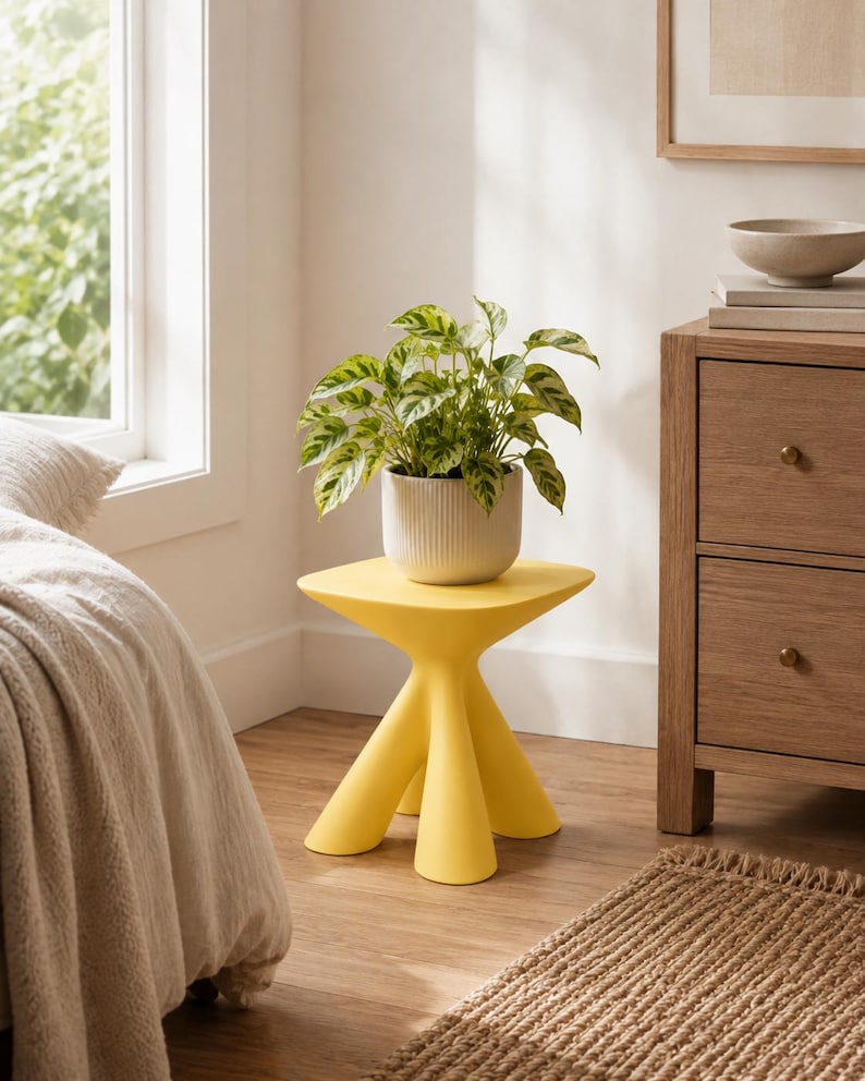 Puede incluir: Una mesa auxiliar de color amarillo brillante con una superficie cuadrada y cuatro patas gruesas y redondeadas. Sobre la mesa hay una maceta de cer&aacute;mica blanca con estr&iacute;as verticales y una planta de interior verde y blanca.