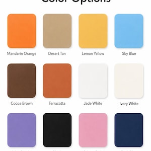 Puede incluir: Una tabla de colores titulada Color Options que muestra doce muestras cuadradas con esquinas redondeadas en Mandarin Orange, Desert Tan, Lemon Yellow, Sky Blue, Cocoa Brown, Terracotta, Jade White, Ivory White, Lilac Purple, Black, Sakura Pink y Dark Blue.