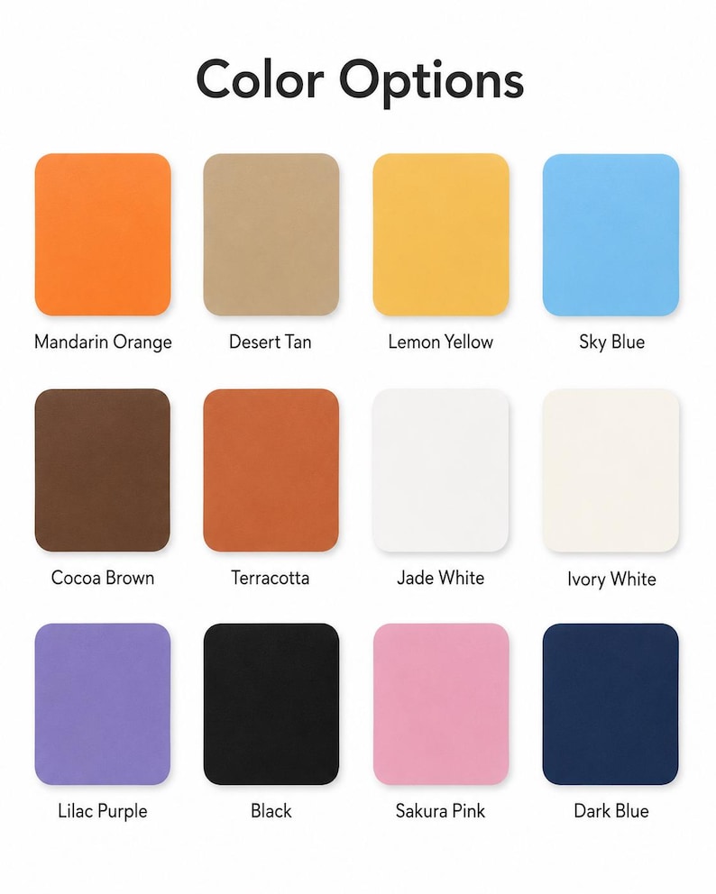 Puede incluir: Una tabla de colores titulada Color Options que muestra doce muestras cuadradas con esquinas redondeadas en Mandarin Orange, Desert Tan, Lemon Yellow, Sky Blue, Cocoa Brown, Terracotta, Jade White, Ivory White, Lilac Purple, Black, Sakura Pink y Dark Blue.