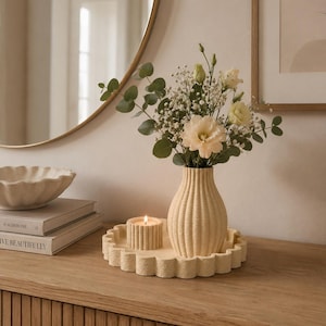 Moderne geribbelde vaasset met dienblad en theelichthouder, middelpunt salontafel, minimalistisch interieur, decor hal, housewarmingcadeau
