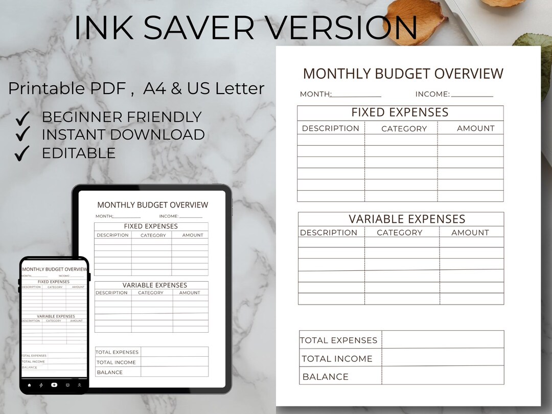 Ink Saver Monthly Budget Planner Printable - Etsy