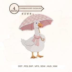Borduurpatroon van een gans met paraplu, schattige, kokette roze gans sjaal voor de kinderkamer, machinebestand, 5 maten, direct te downloaden (dst, pes, exp, jep, vp3).