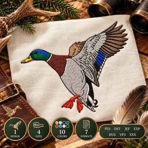 Motif de broderie volante Canard colvert, motif cabane de chasseur, motif oiseau pour chapeaux, vestes, serviettes