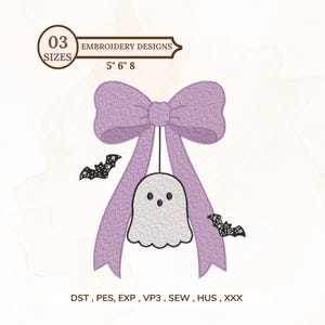 May include: An embroidery design featuring a large lavender bow with a white ghost hanging from the centre, flanked by two small black bats with white star patterns. Text includes 03 SIZES, 5" 6" 8, and file formats DST, PES, EXP, VP3, SEW, HUS, XXX.