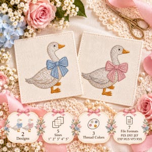 May include: Two square fabric patches featuring machine embroidery of white geese with orange beaks and feet. One goose wears a blue bow, the other a pink bow. Below are four labels indicating 2 designs, 5 sizes from 1 to 5 inches, 3 thread colors, and 7 file formats including PES, DST, JEF, EXP, HUS, VP3, and XXX.